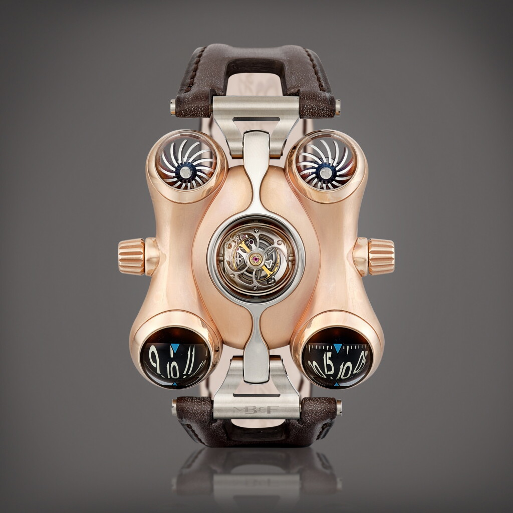 View full screen - View 1 of Lot 2161. Horological Machine N°6, Reference 60.RL.B A limited edition pink gold and titanium flying tourbillon wristwatch with open and close tourbillon shield mechanism, Circa 2016 | MB&F | Horological Machine N°6 型號60.RL.B | 限量版粉紅金及鈦金屬飛行陀飛輪腕錶,備開合陀飛輪裝置,約2016年製.