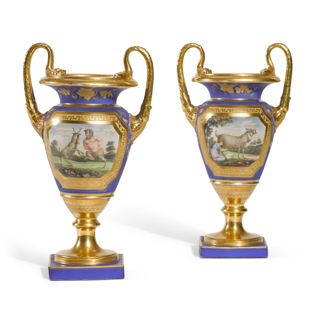 View full screen - View 1 of Lot 48. A pair of English porcelain matt blue ground two-handled ovoid vases, circa 1825.