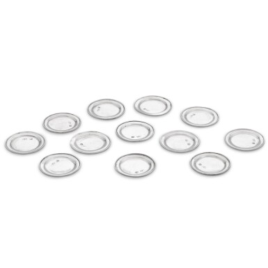 View full screen - View 1 of Lot 49. A rare set of twelve miniature George I silver plates, David Clayton, London, circa 1720.