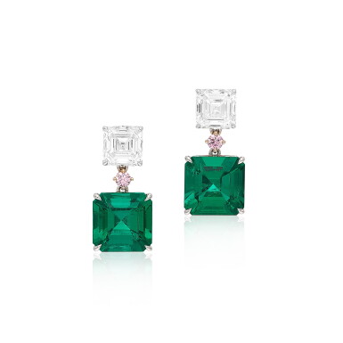View full screen - View 1 of Lot 1888. Pair of Emerald and Diamond Pendent Earrings | 2.97及2.53克拉 天然「哥倫比亞穆索」無油祖母綠 配 鑽石 耳墜一對.