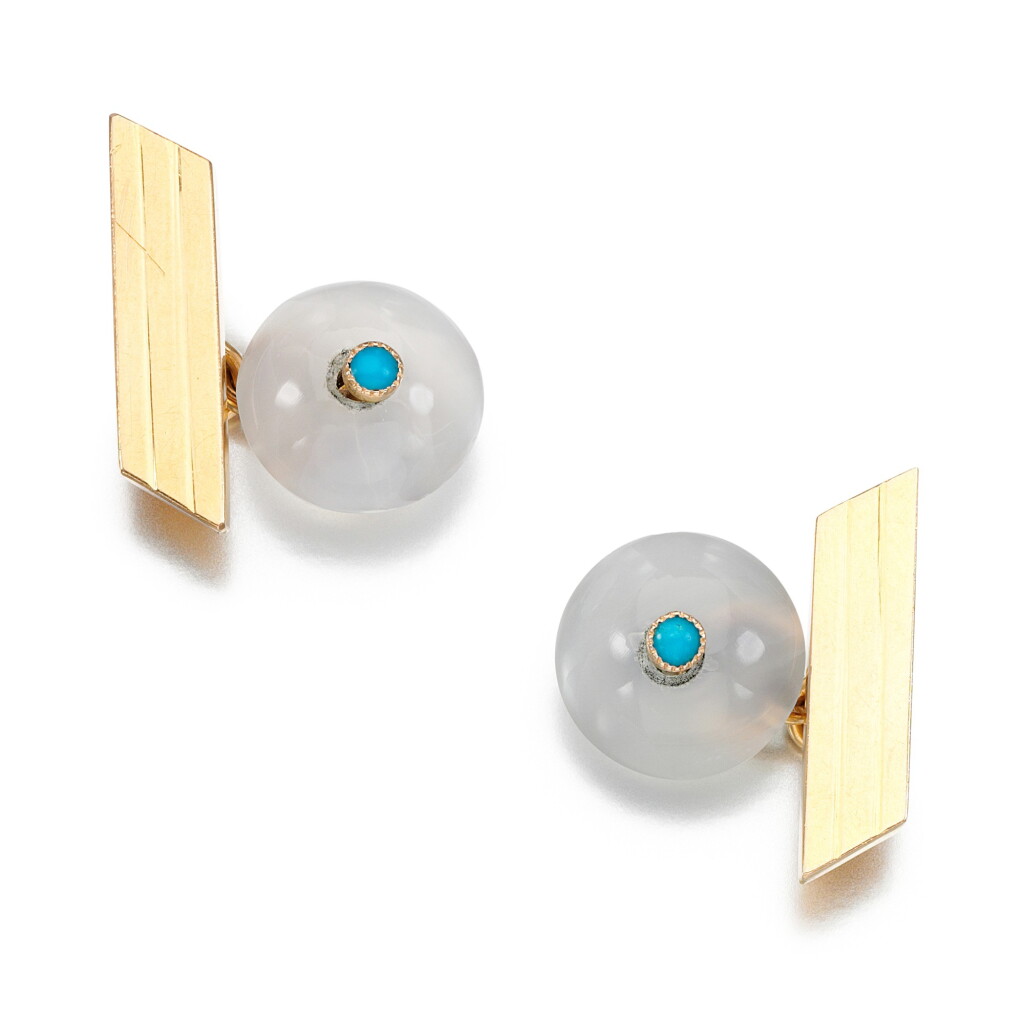 View full screen - View 1 of Lot 198. Pair of chalcedony and turquoise cufflinks, early 20th century.