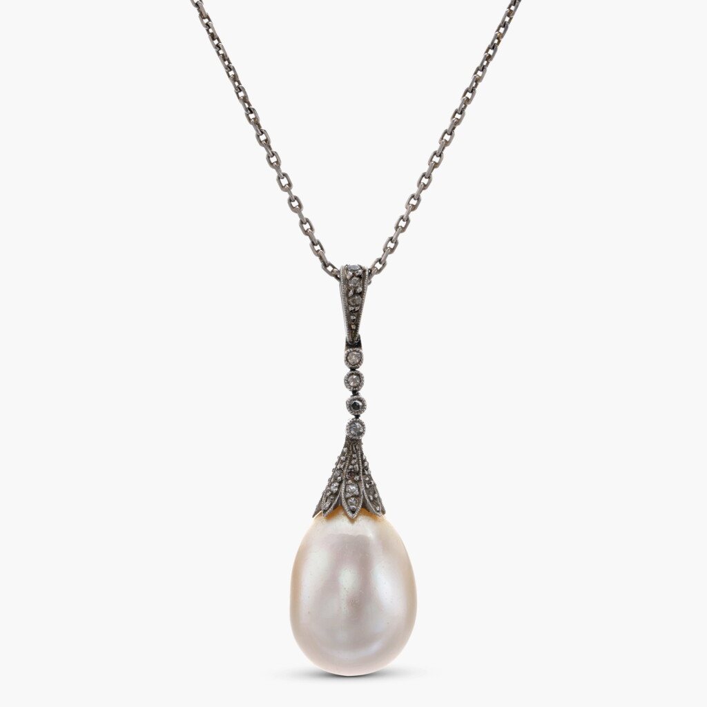 View full screen - View 1 of Lot 875. Natural Pearl and Diamond Pendant.