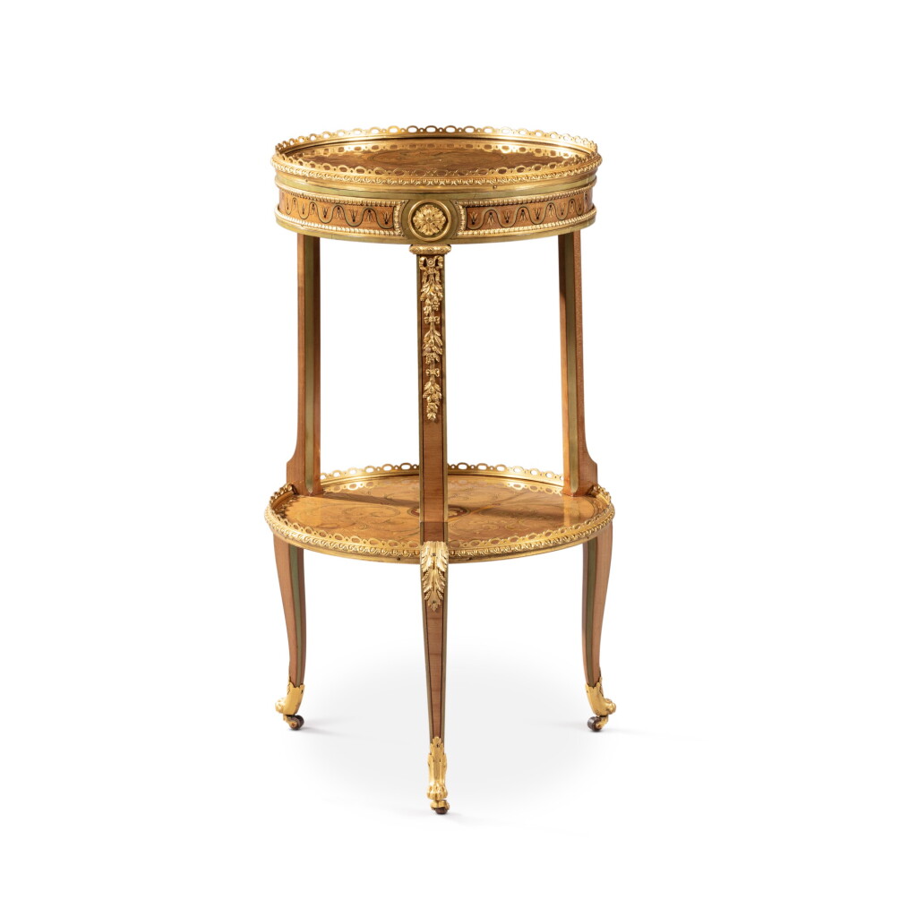 View full screen - View 1 of Lot 716. A Louis XVI marquetry table en chiffonnière, circa 1780-85, attributed to Martin Carlin and probably supplied by Dominique Daguerre.
