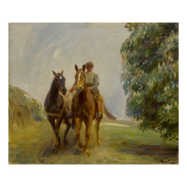 View full screen - View 1 of Lot 74. SIR ALFRED JAMES MUNNINGS, P.R.A., R.W.S. | SHRIMP LEADING TWO HUNTERS.