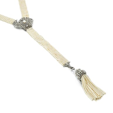 View full screen - View 1 of Lot 247. Seed pearl, pearl and diamond sautoir, early 20th century.
