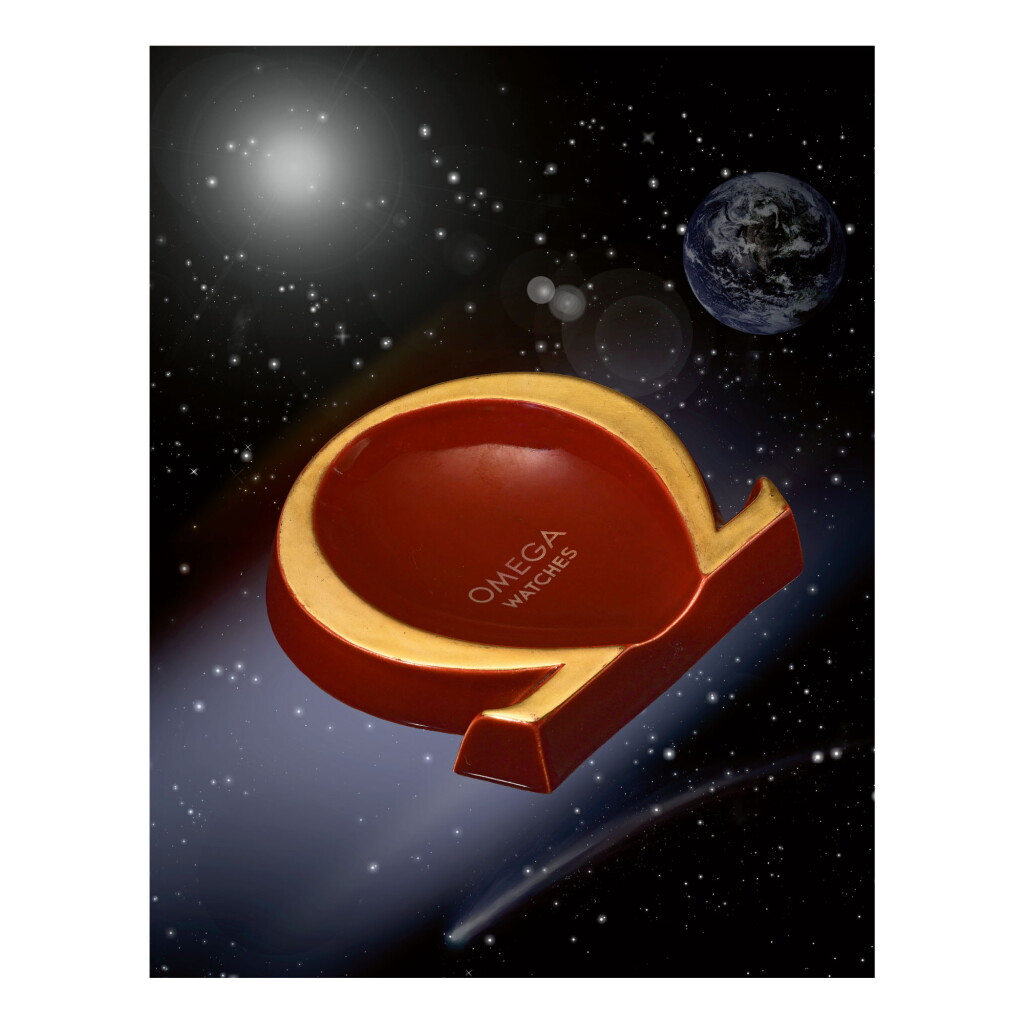 View full screen - View 1 of Lot 11. FUHRMANN | A RED AND GOLD PAINTED PORCELAIN OMEGA-SHAPED OMEGA WATCHES ASHTRAY, CIRCA 1990.