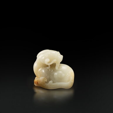 View full screen - View 1 of Lot 3665. A white and russet jade 'mythical beast and lingzhi' group, Qing dynasty, 18th century | 清十八世紀 白玉靈芝瑞獸.