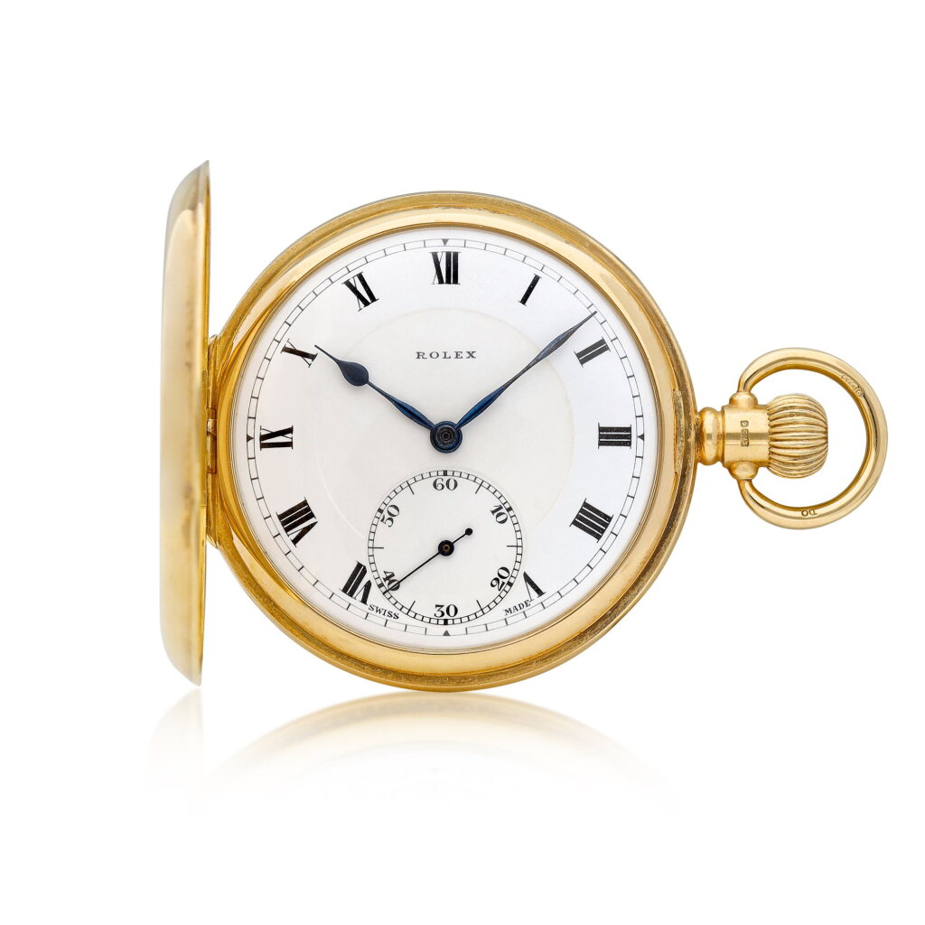 View full screen - View 1 of Lot 8720. A pink gold hunting case keyless watch with enamel dial, housed in Dennison Watch Case Co. Ltd case, Circa 1920 | 勞力士 | 粉紅金獵殼懷錶,備琺瑯錶盤及 Dennison Watch Case Co. Ltd 錶殼,約1920年製.