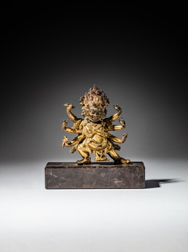 View full screen - View 1 of Lot 106. A gilt-bronze figure of Hayagriva, Qing dynasty, 18th century | 清十八世紀 鎏金銅馬頭金剛立像.