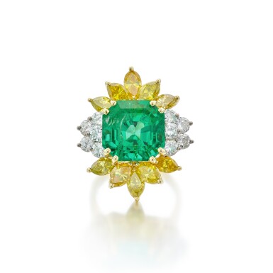 View full screen - View 1 of Lot 529. Emerald, Colored Diamond and Diamond Ring.