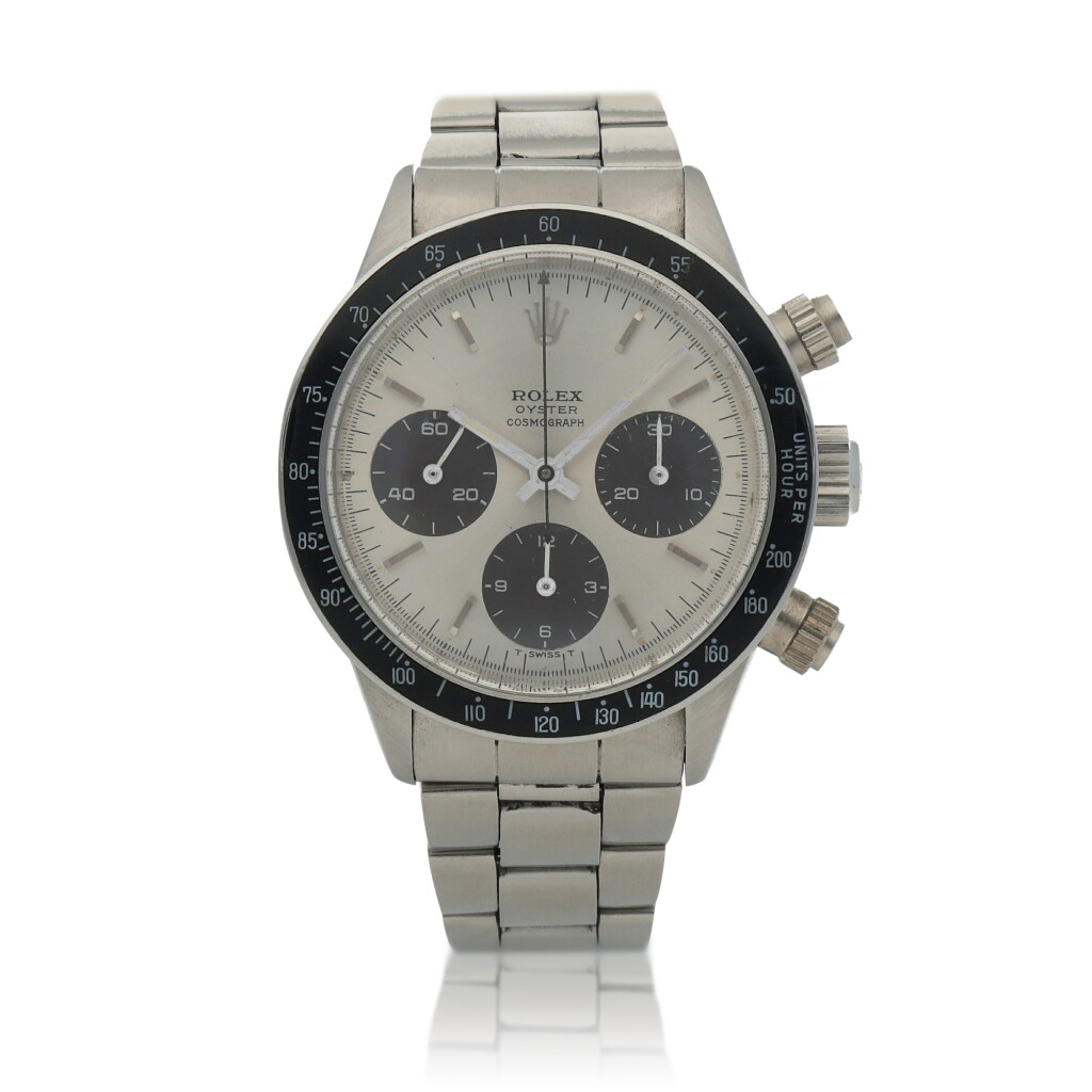 View full screen - View 1 of Lot 12. Daytona, Ref. 6240 Stainless steel chronograph wristwatch with bracelet Circa 1966.