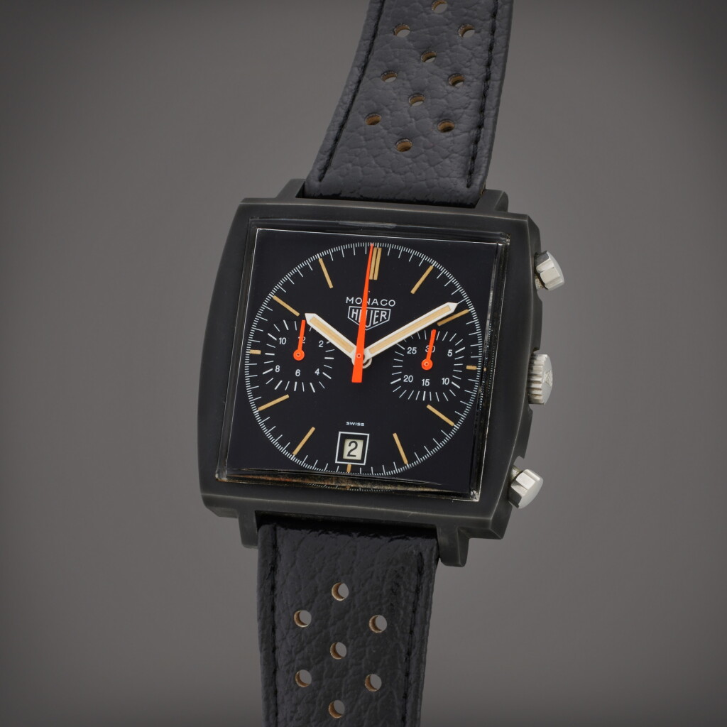 View full screen - View 1 of Lot 68. Reference 74033 N Monaco ‘Dark Lord’ | A black-coated stainless steel chronograph wristwatch with date, Circa 1977.