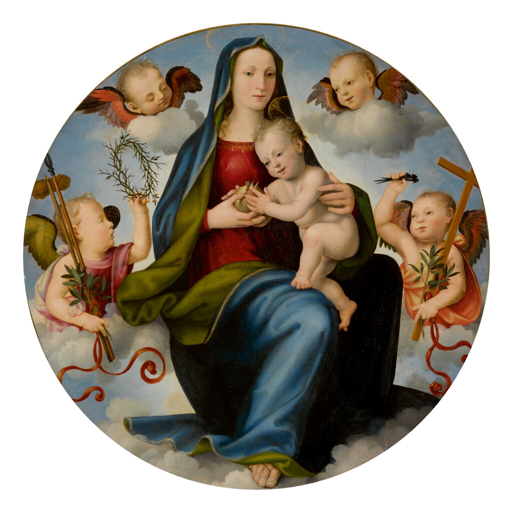 Voir en plein écran - Voir 1 du lot 17. Sold Without Reserve | MARIOTTO DI BIAGIO DI BINDO ALBERTINELLI | MADONNA AND CHILD ENTHRONED IN THE CLOUDS, SURROUNDED BY TWO ANGELS HOLDING INSTRUMENTS OF THE PASSION AND TWO CHERUBIM.