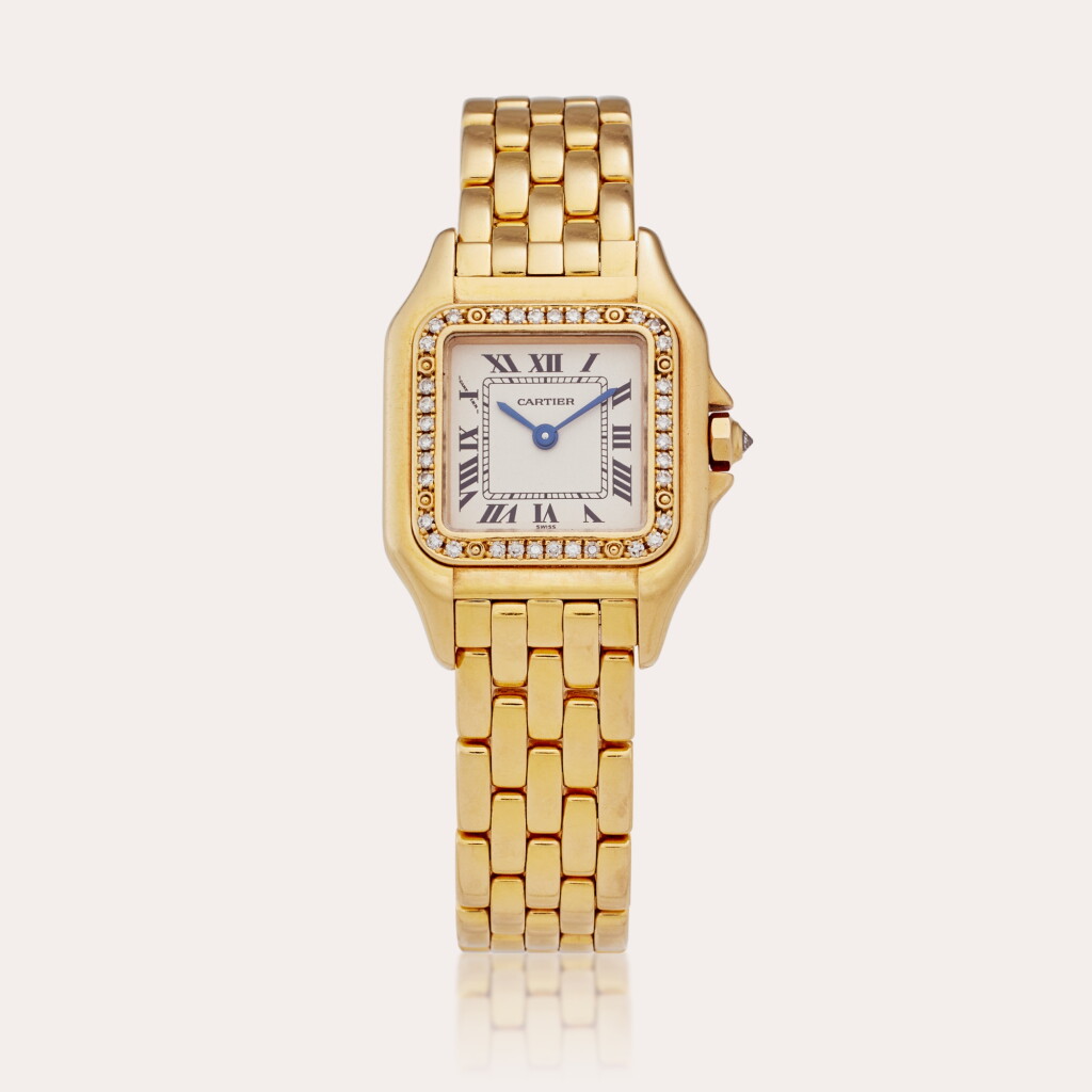 View full screen - View 1 of Lot 349. Reference 1280 2 Panthère | A yellow gold and diamond-set wristwatch with bracelet, Circa 1995.