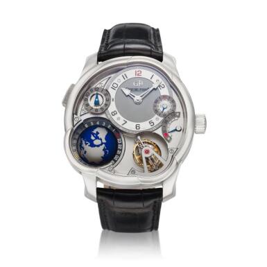 View full screen - View 1 of Lot 301. GMT A white gold 24-second inclined tourbillon world time and dual time wristwatch with power reserve indication and three dimensional globe, Circa 2015.