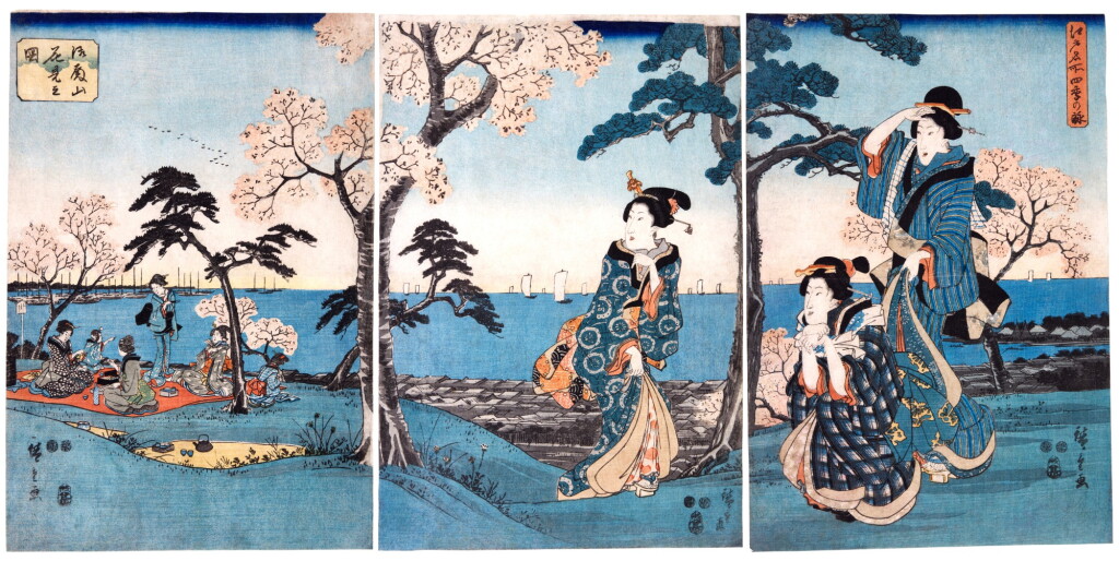 View full screen - View 1 of Lot 59. UTAGAWA HIROSHIGE (1797-1858) TWO WOODBLOCK PRINT TRIPTYCHS, EDO PERIOD (19TH CENTURY).