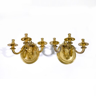 View full screen - View 1 of Lot 19. A pair of Louis XIV style gilt-bronze three-light wall appliques.
