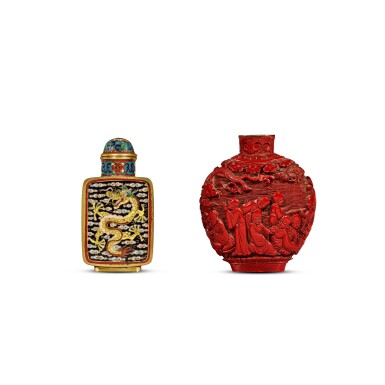 View full screen - View 1 of Lot 46. A carved cinnabar lacquer and a cloisonne enamel snuff bottle Late Qing dynasty | 清末 剔紅鼻烟壺 及 掐絲琺琅鼻烟壺 一組兩件.