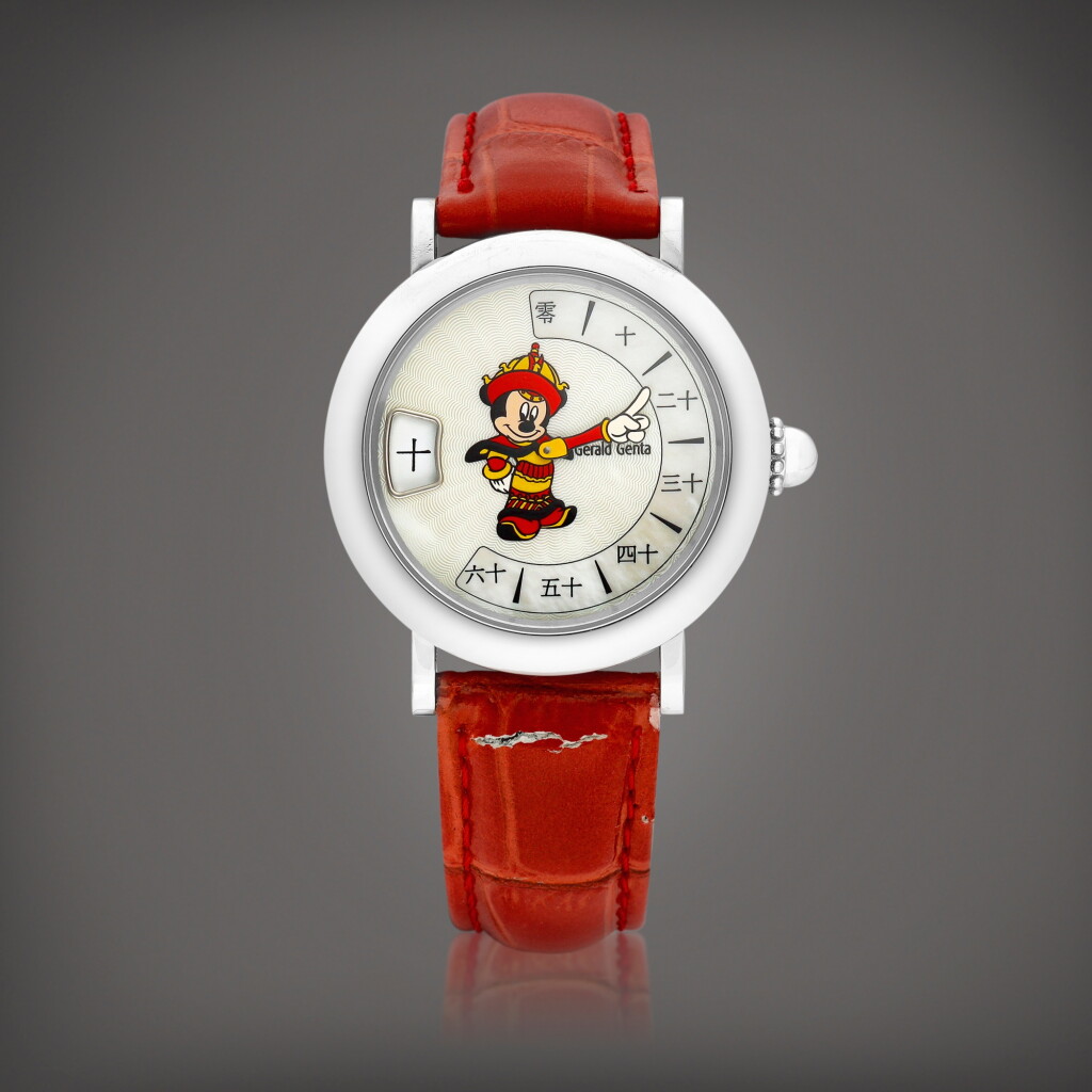 View full screen - View 1 of Lot 8643. Fantasy Retro Mickey Mouse, Reference M.10 | A limited edition stainless steel Chinese jumping hours wristwatch with Chinese retrograde minutes and mother-of-pearl dial, Made in collaboration with the Hong Kong Disneyland, Circa 2005 | Fantasy Retro Mickey Mouse 型號M.10 | 限量版精鋼中文跳時腕錶,備中文逆跳分鐘及珠母貝錶盤,與香港迪士尼樂園合製,約2005年製.