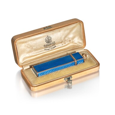 View full screen - View 1 of Lot 99. A Fabergé Silver and Gold-Mounted Guilloché Enamel Needle Case, Workmaster Henrik Wigström, St Petersburg, 1908-1912.