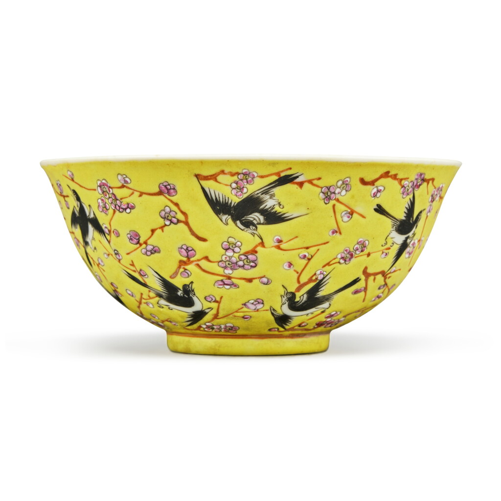 View full screen - View 1 of Lot 1010. A yellow-ground famille-rose 'magpie and prunus' bowl, Mark and period of Guangxu | 清光緒 黃地粉彩喜上眉梢紋盌 《大清光緒年製》款.