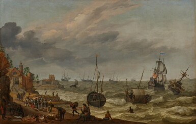 View full screen - View 1 of Lot 1073. Dutch coastal view with ships in a choppy sea and fishermen unloading their catch.