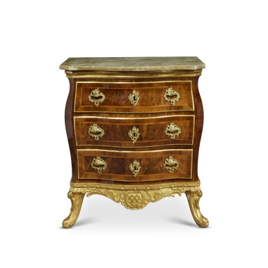View full screen - View 1 of Lot 1014. A Danish Rococo Gilt-Bronze Mounted Parcel-Gilt Walnut Parquetry Commode, Attributed to Mathias Ortmann, Mid-18th Century.
