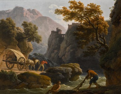 View full screen - View 1 of Lot 92. Mountainous river landscape with two fishermen casting a net, and a man with his horse-drawn cart travelling along a sandy path.