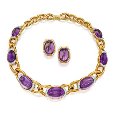 View full screen - View 1 of Lot 110. David Webb | Gold, Amethyst and Diamond Necklace || Pair of Earclips.