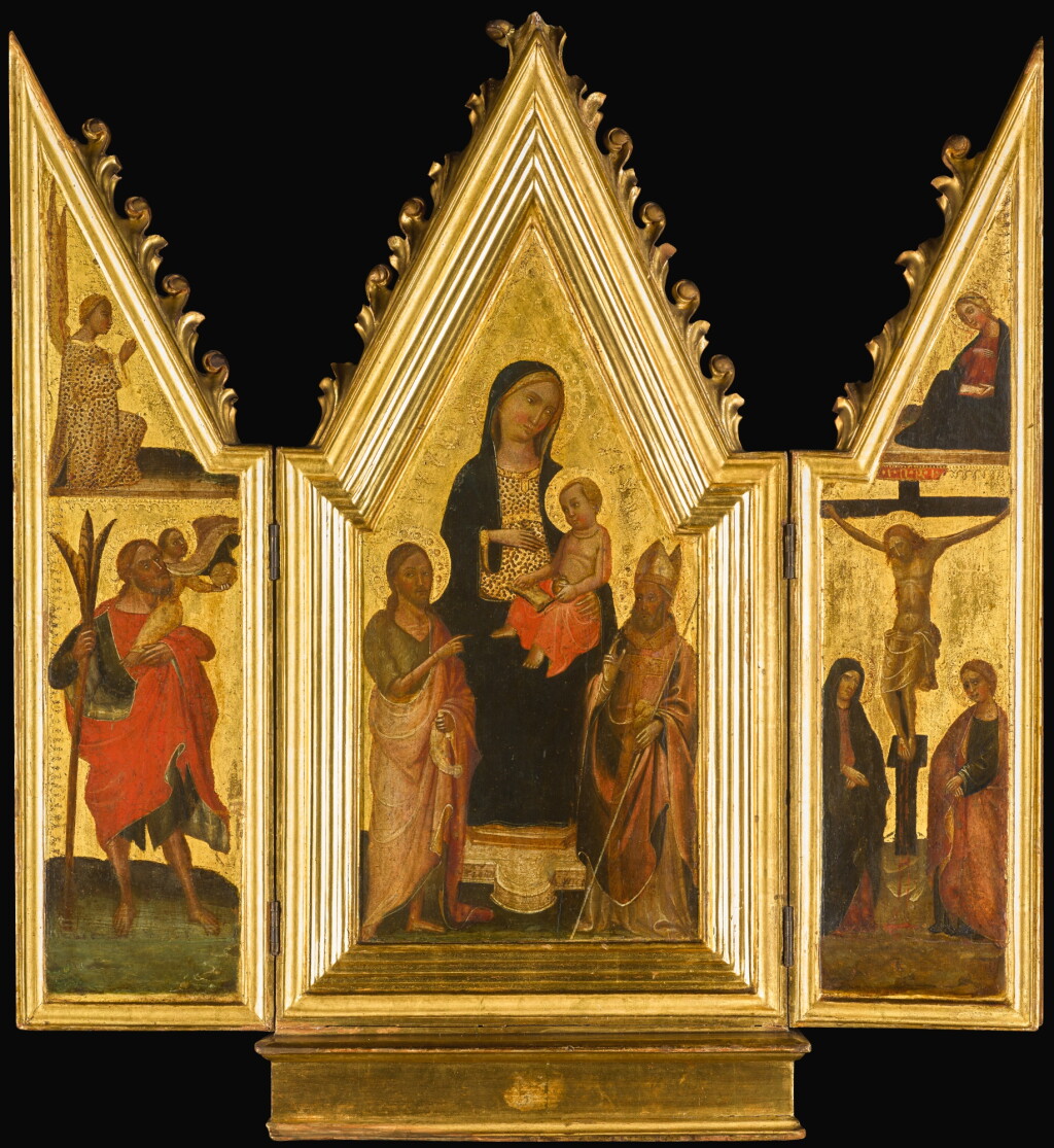 View full screen - View 1 of Lot 121. MASTER OF SAN JACOPO A MUCCIANA | A portable triptych: The Madonna and Child flanked by saints (central panel); Saint Christopher (left wing); The Crucufixion (right wing).