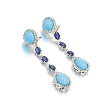 View full screen - View 1 of Lot 835. Paire de pendants d'oreille turquoises, saphirs et diamants | Pair of pendent turquoise, sapphire and diamond earrings.