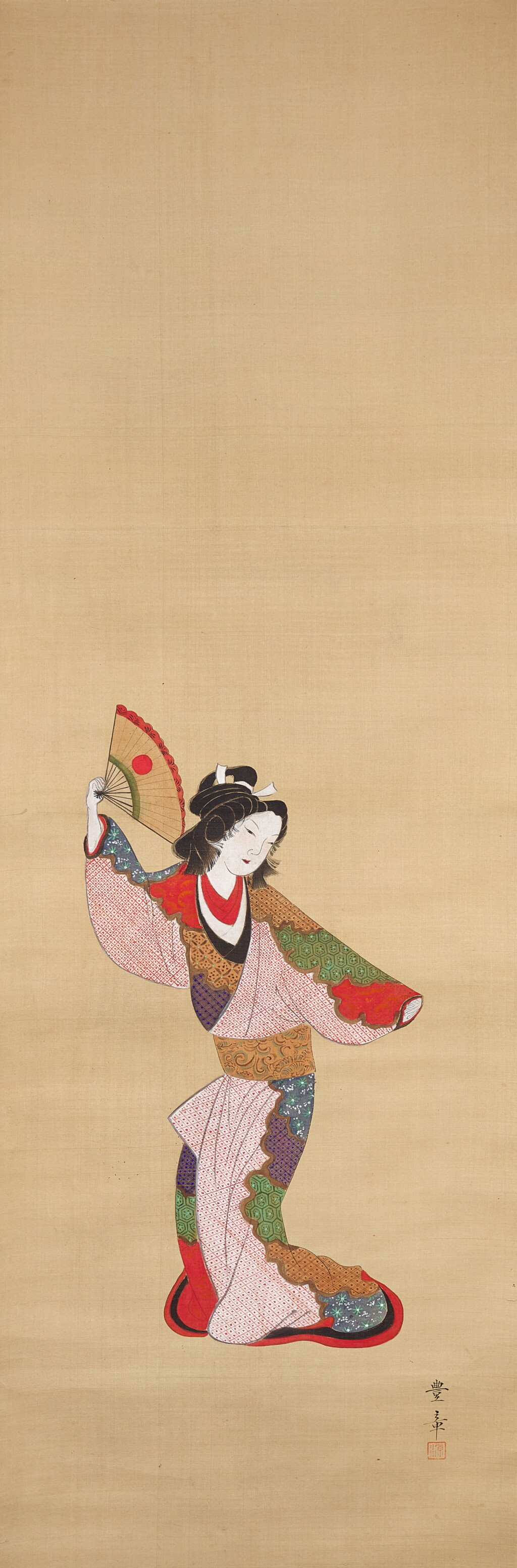 View full screen - View 1 of Lot 17. Toyoaki (dates unknown), Dancing bijin with fan, Edo period, 19th century .