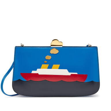 View full screen - View 1 of Lot 121. Vintage Bleu France, Black, Rouge Vif, and White Box and Jaune Courchevel Sac a Malice Boat Bag Gold and Palladium Hardware, 1989.