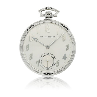 View full screen - View 1 of Lot 653. PATEK PHILIPPE | RETAILED BY KRUGER JEWELRY COMPANY, WICHITA FALLS, TEXAS: WHITE GOLD AND ENAMEL 'MURAT-STYLE' TAIL-COAT WATCH MADE IN 1927.