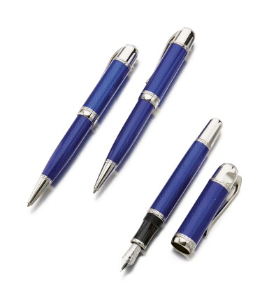 View full screen - View 1 of Lot 45. MONTBLANC | A LIMITED EDITION WRITERS EDITION SET OF THREE BLUE LACQUER AND PLATINUM PLATED WRITING INSTRUMENTS, CONSISTING OF ONE FOUNTAIN PEN, ONE BALLPOINT PEN AND ONE MECHANICAL PENCIL, MADE TO COMMEMORATE JULES VERNE, CIRCA 2003.