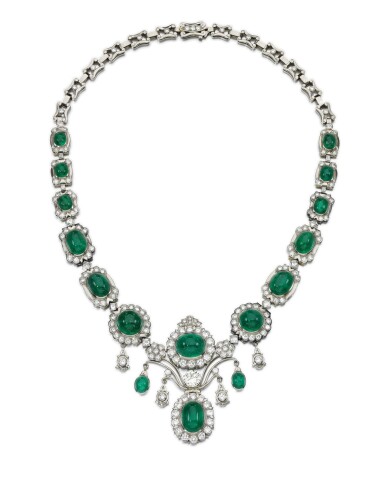 View full screen - View 1 of Lot 79. EMERALD AND DIAMOND NECKLACE.
