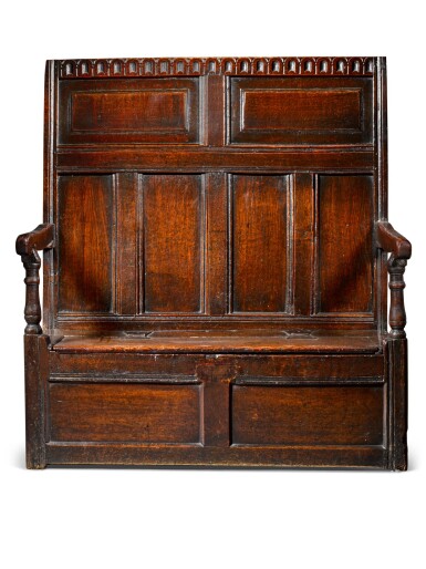 View full screen - View 1 of Lot 27. A Charles II oak panel-back settle, circa 1670.