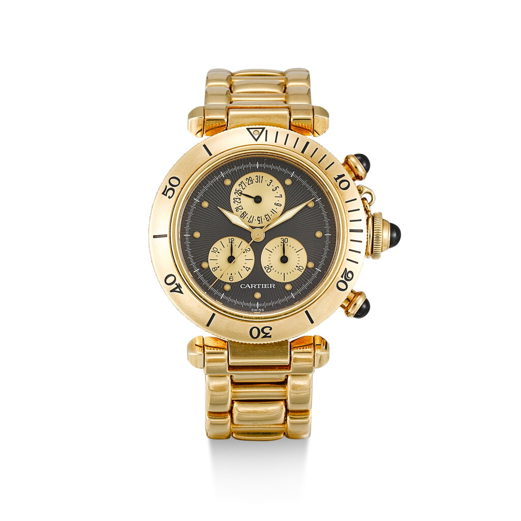 View full screen - View 1 of Lot 153. CARTIER | PASHA, REFERENCE 1353, A YELLOW GOLD CHRONOGRAPH WRISTWATCH WITH DATE AND BRACELET, CIRCA 2000.