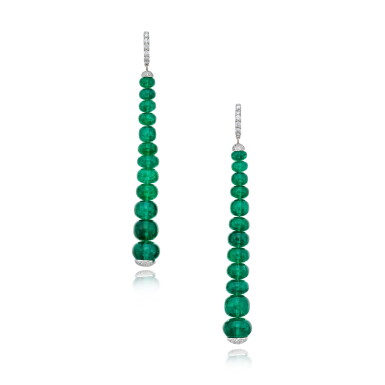 View full screen - View 1 of Lot 269. Pair of Emerald and Diamond Earrings.