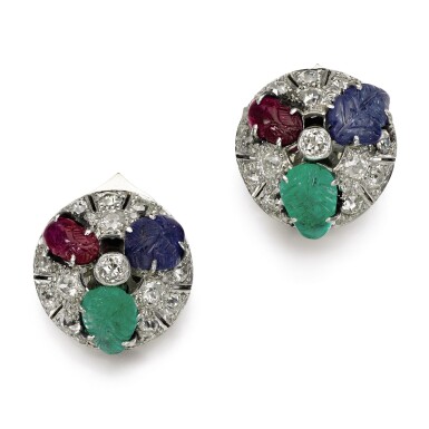 View full screen - View 1 of Lot 337. Pair of gem set and diamond ear clips, 1930s.