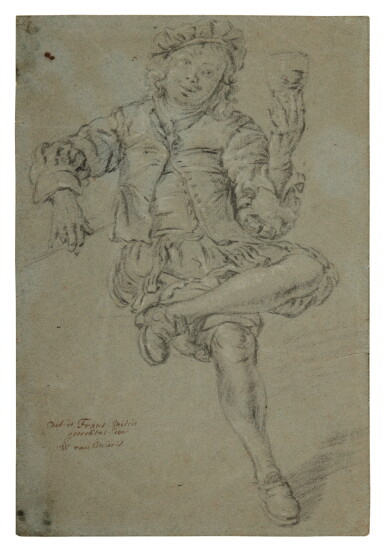 View full screen - View 1 of Lot 266. Recto: Study of a man seated holding a glass, possibly Frans van Mieris II Verso: An artist painting at his easel.