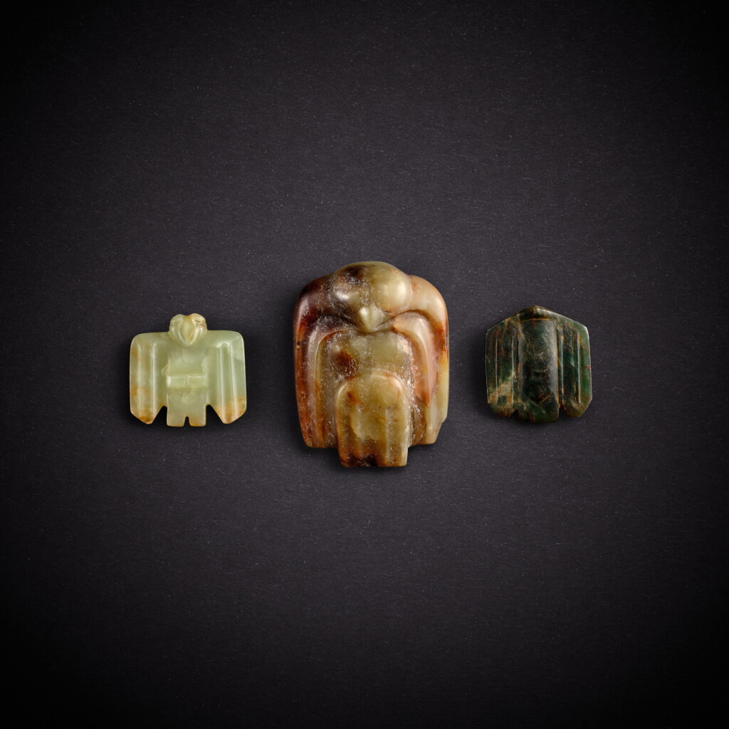 View full screen - View 1 of Lot 7812. Three celadon jade owls, Neolithic period, Hongshan culture | 新石器時代 紅山文化 青玉鴞三件.
