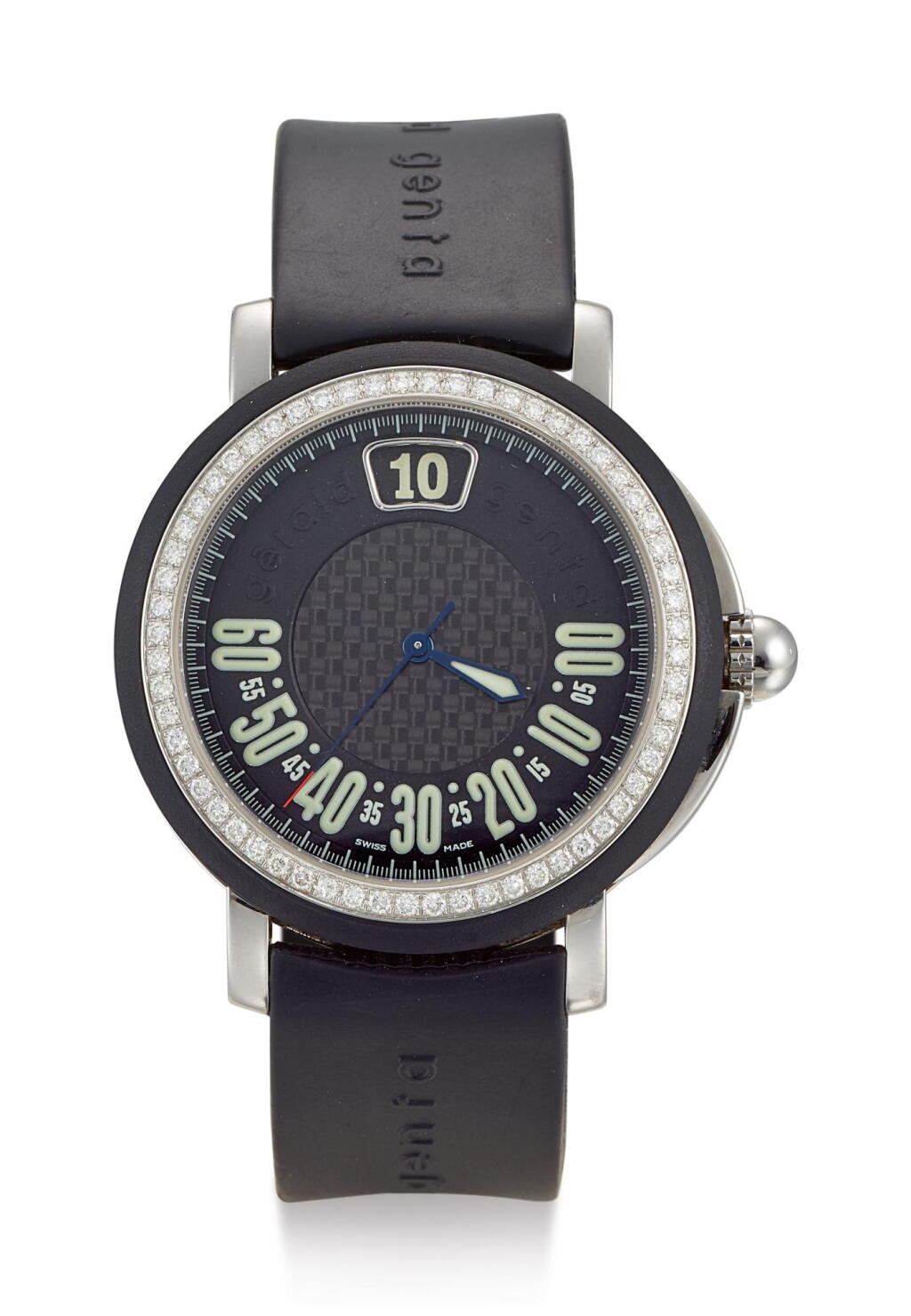 View full screen - View 1 of Lot 8015. GÉRALD GENTA | RETRO SPORT, REFERENCE G.3694, A STAINLESS STEEL, RUBBER AND DIAMOND-SET WRISTWATCH WITH JUMPING HOUR AND RETROGRADE MINUTE, CIRCA 2005.