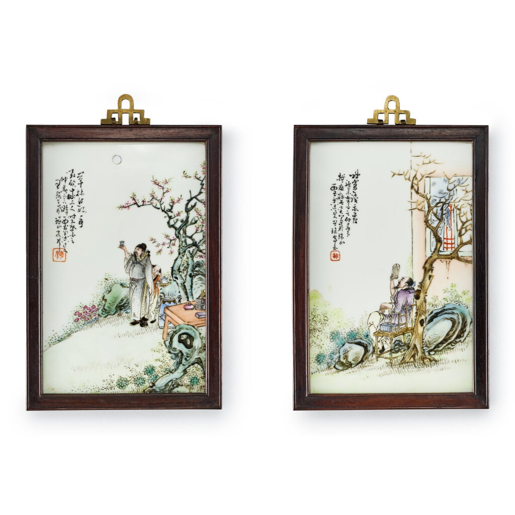View full screen - View 1 of Lot 550. A pair of famille-rose 'scholars' panels, Signed Wang Qi, Republican period, dated guiyou year, corresponding to 1933 民國癸酉(1933年) 王琦款粉彩「舉杯邀明月」及「時還讀我書」瓷板一組兩件.
