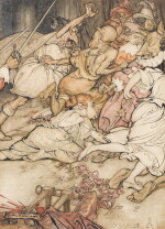 Arthur Rackham | Original illustration for Comus (The brothers rush in with swords drawn)
