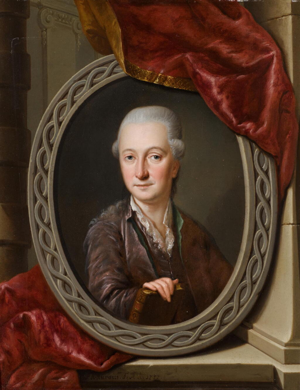 View full screen - View 1 of Lot 58. JACOBUS AUREUS MATTHIAS THOMA | A framed oval portrait depicting a gentleman, possibly a self-portrait, the frame draped with a red silk cloth.