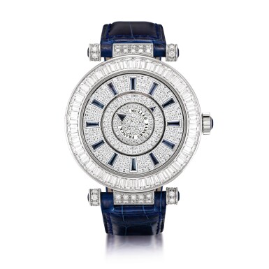 View full screen - View 1 of Lot 2028. Franck Muller | Double Mystery, Reference DM 42 BAG CD, A white gold, diamond and sapphire-set wristwatch, Circa 2014 | Double Mystery 型號DM 42 BAG CD 白金鑲鑽石及藍寶石腕錶,約2014年製.