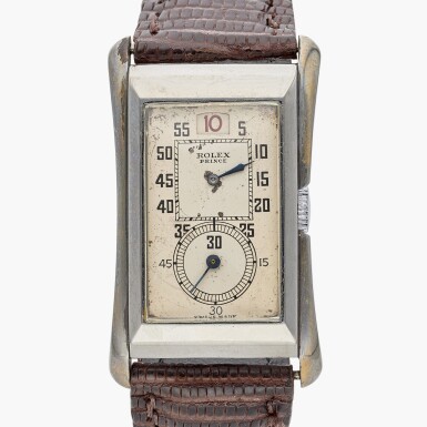 View full screen - View 1 of Lot 594. Reference 1491HS Prince Brancard | A stainless steel rectangular jump-hour wristwatch, Circa 1926.
