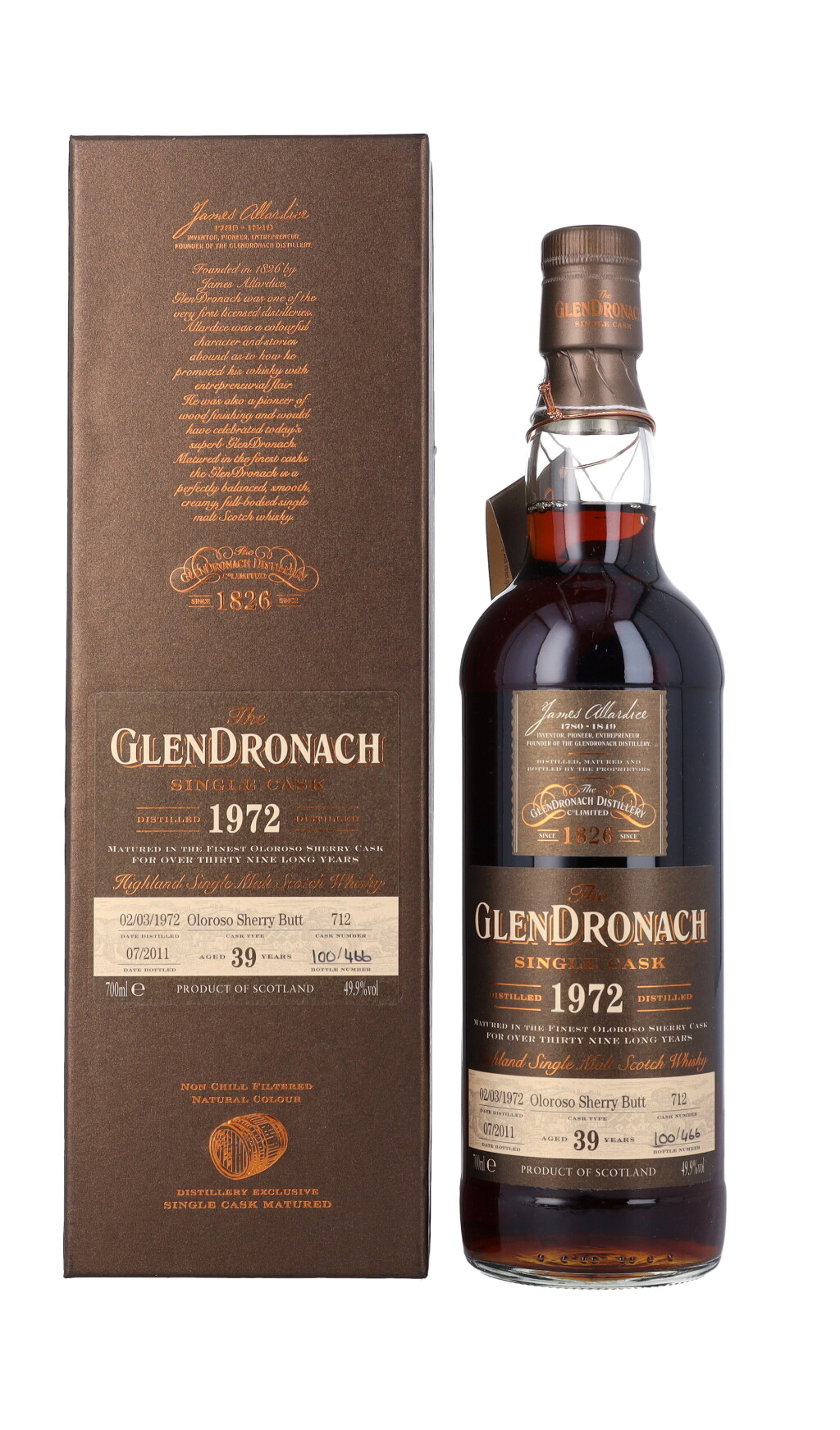 View full screen - View 1 of Lot 5616. The Glendronach Single Cask 39 Year Old 49.9 abv 1972 (1 BT70).