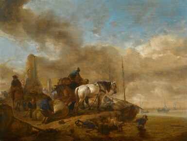 View full screen - View 1 of Lot 55. PHILIPS WOUWERMAN | Figures and horses on the shore, with sailing boats beyond.